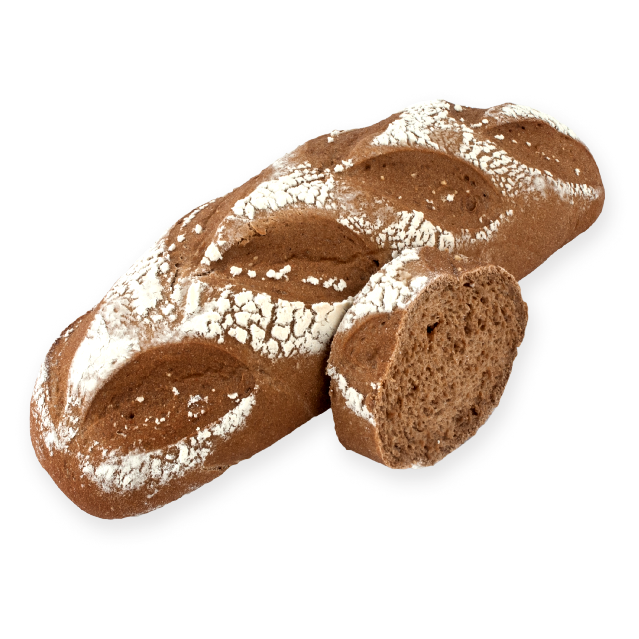 A single loaf of Délifrance Dark Rye Sour Bread, showcasing its dark crust and hearty texture, ready to be baked at home. Halal certified.