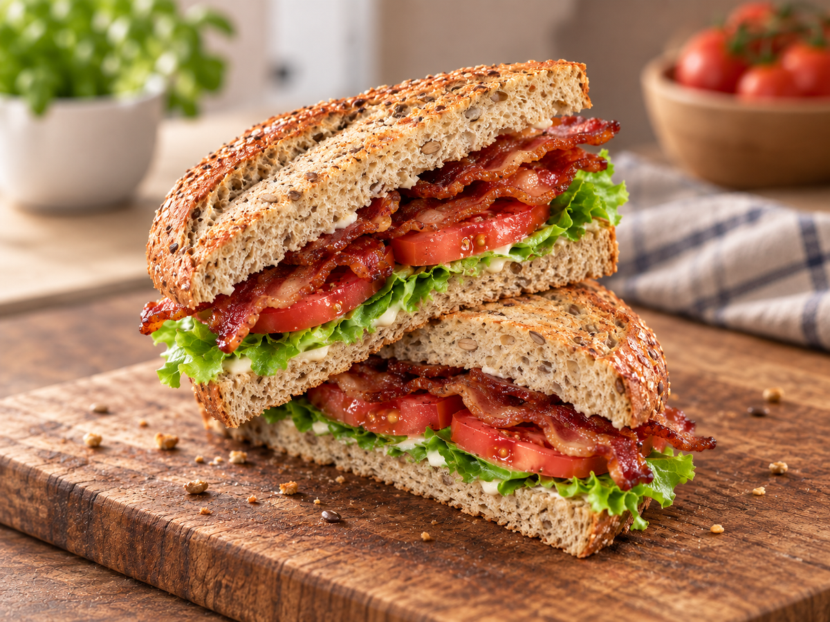 BLT sandwich Singapore recipe made with toasted multigrain bread, bacon, lettuce, and tomato, cut in half on a wooden board.
