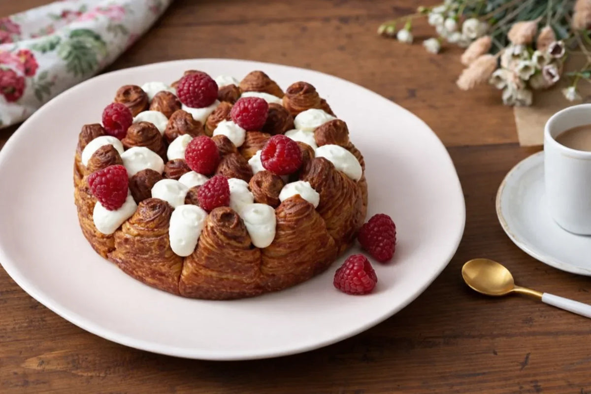 Pastry with cream and raspberries on plate showing food personalisation 