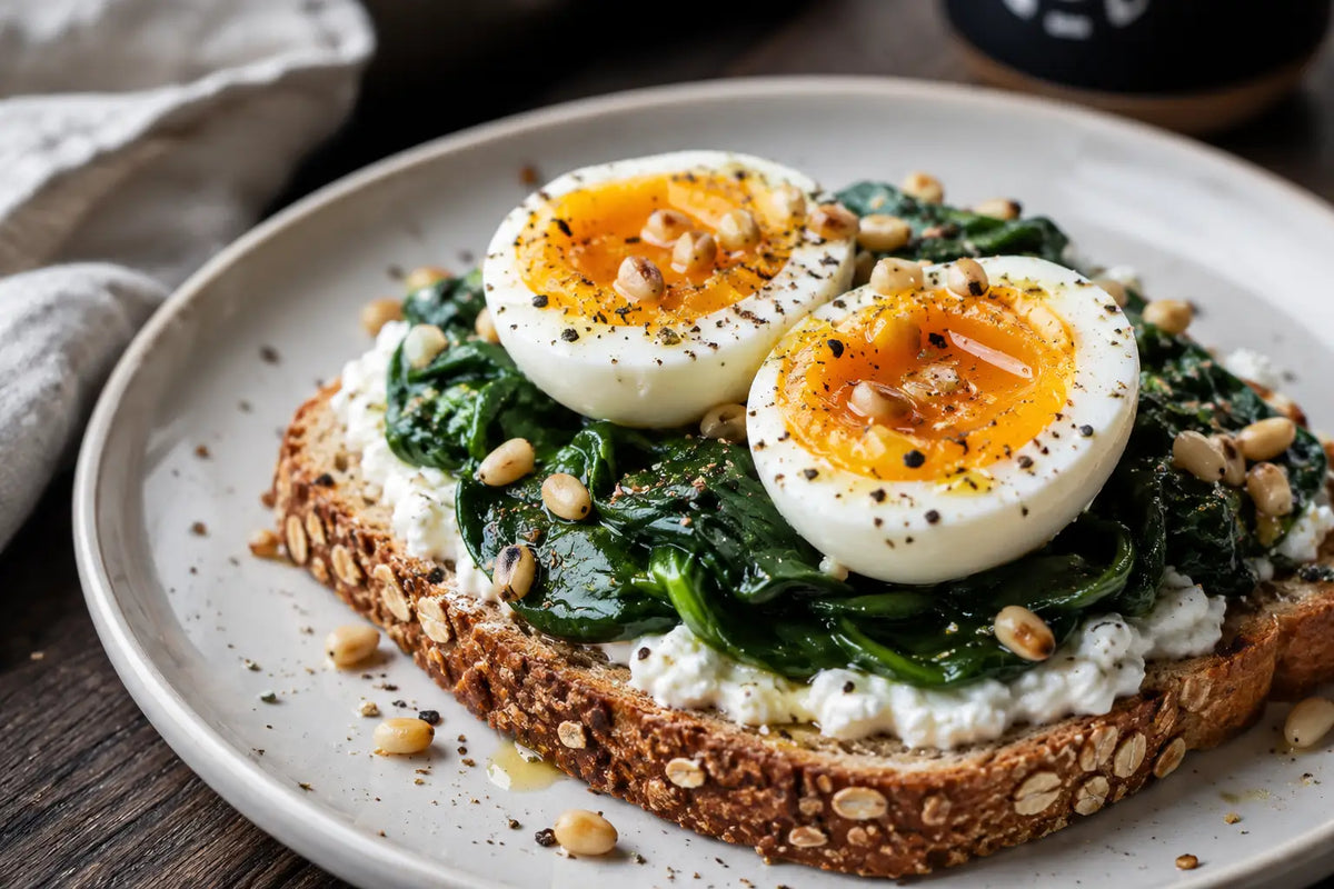 High protein breakfast meal plated for café service: multigrain toast with cottage cheese, wilted spinach, and soft jammy egg halves on a white ceramic plate.