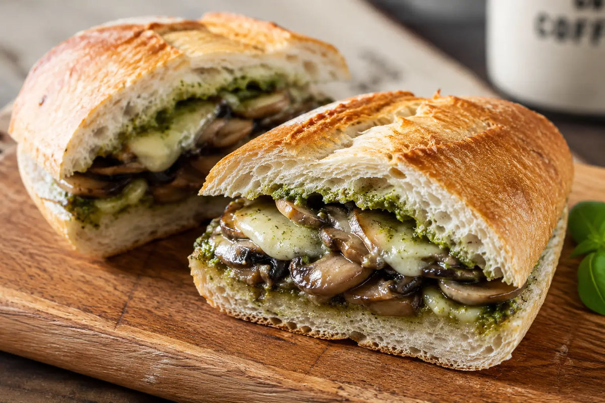 A vegan sandwich with pesto mushrooms on a toasted baguette, cut diagonally to reveal the filling, styled for a Singapore café counter display.