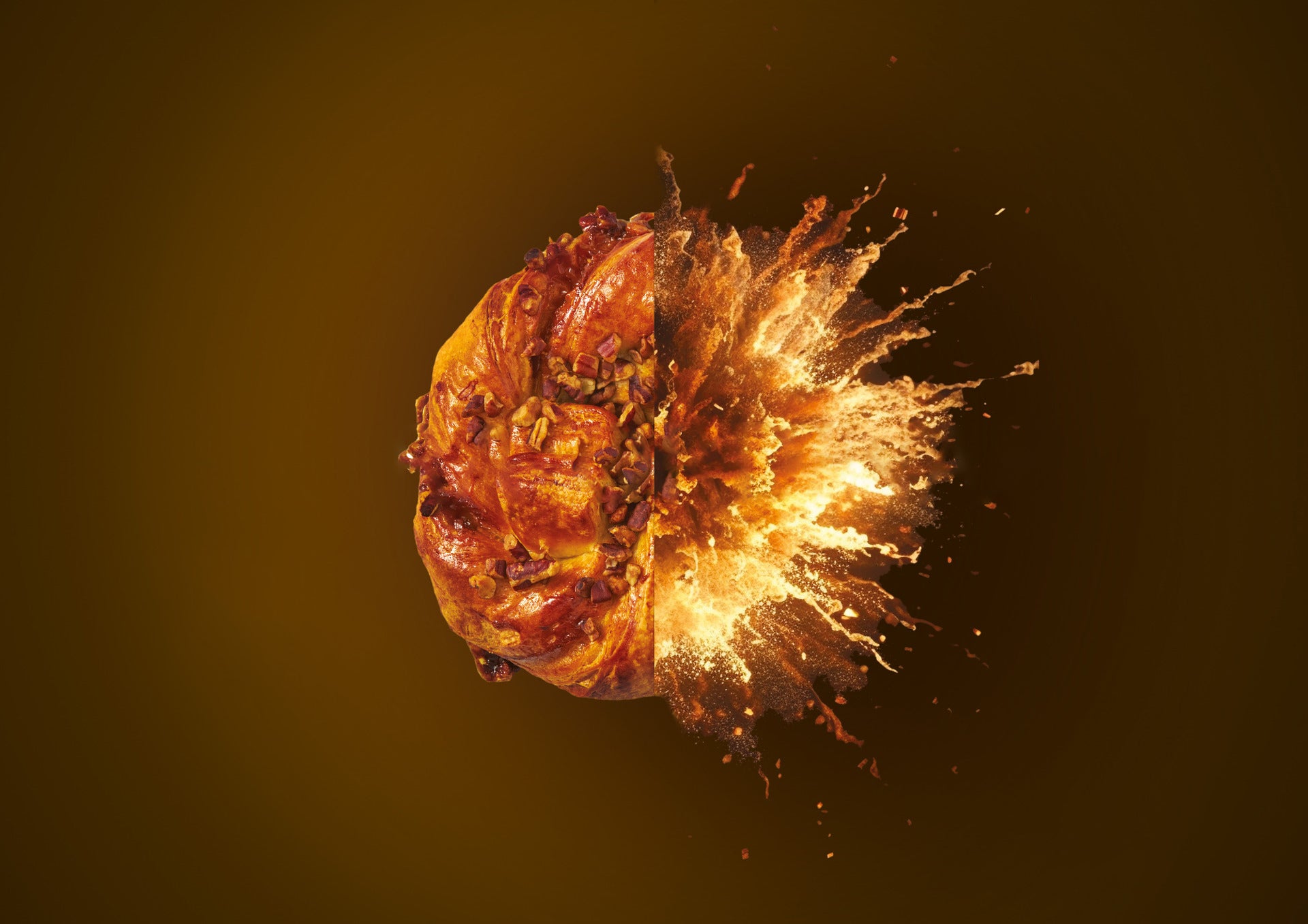 Delifrance babka in mid-explosion, a visually striking display of its ingredients and energy