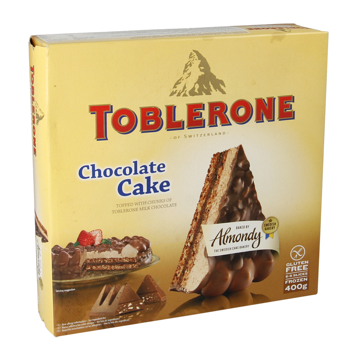 Almondy Toblerone Chocolate Cake 400g — gluten-free almond-based chocolate cake topped with Toblerone chunks, ready to serve frozen dessert.