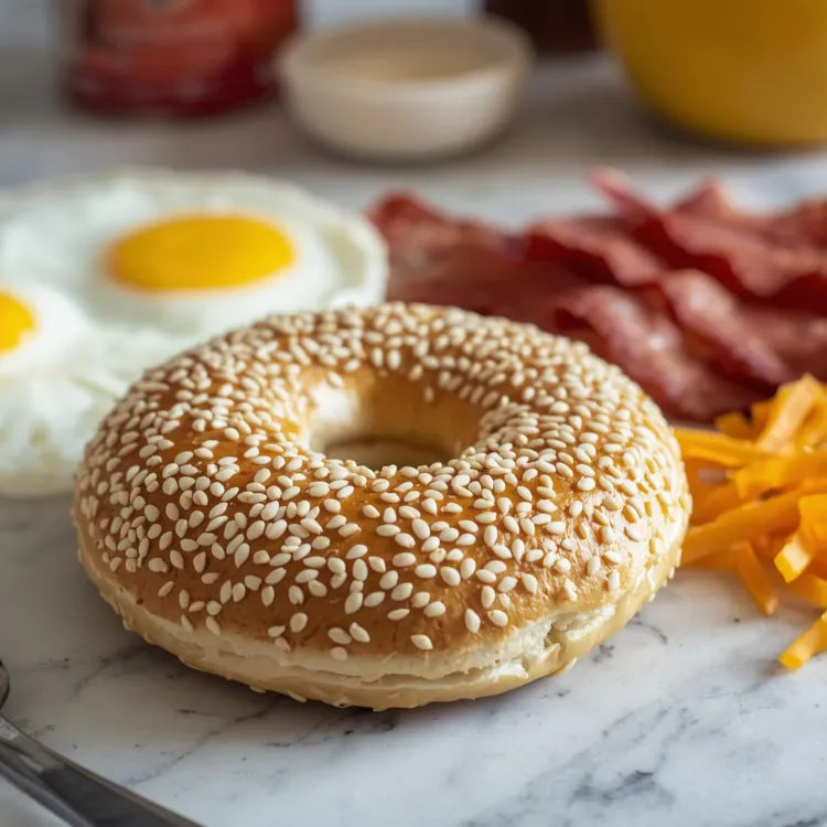 Bagel breakfast recipes prep with eggs, bacon and cheddar on kitchen counter