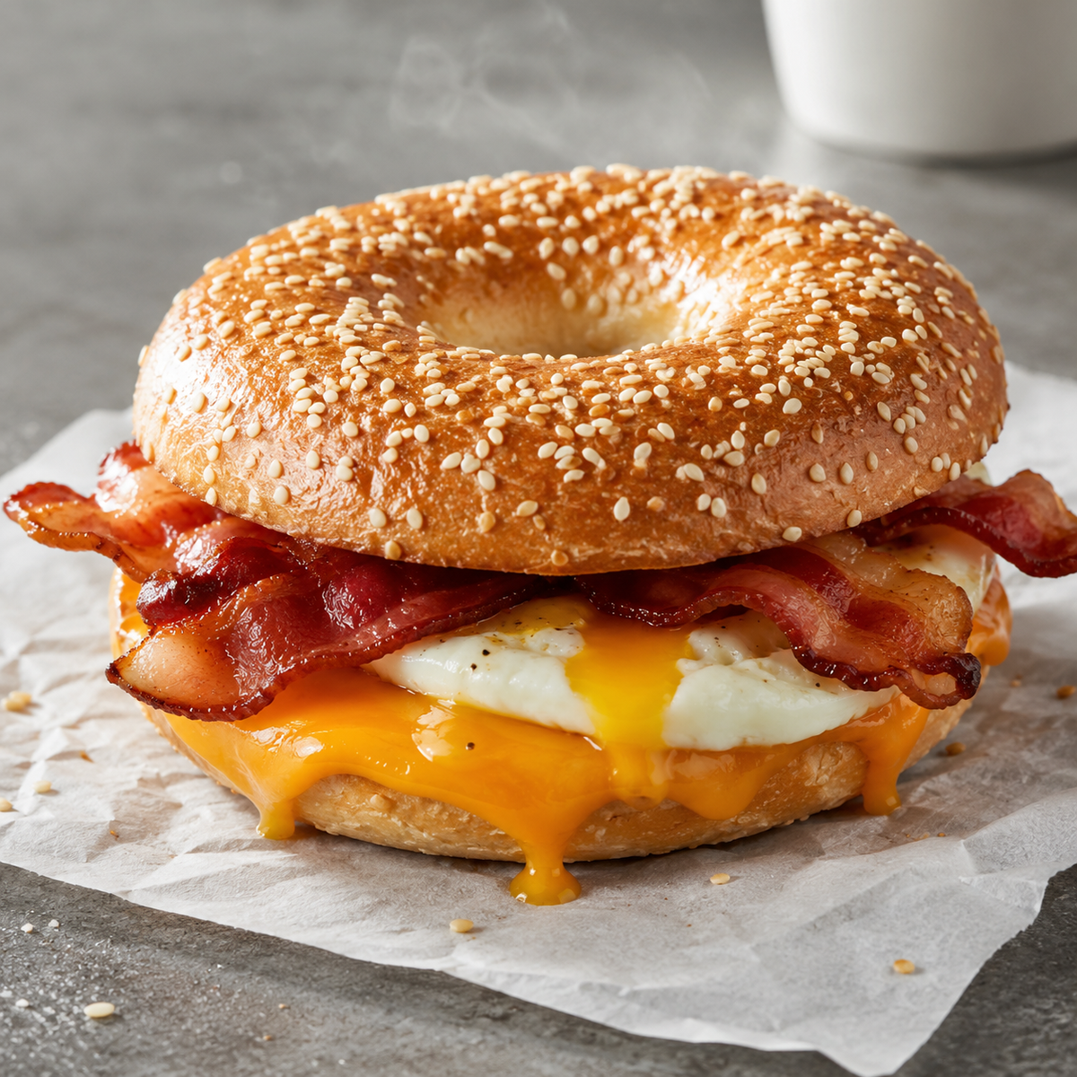 Cheddar egg and bacon bagel showing bakery breakfast trends in Singapore foodservice.