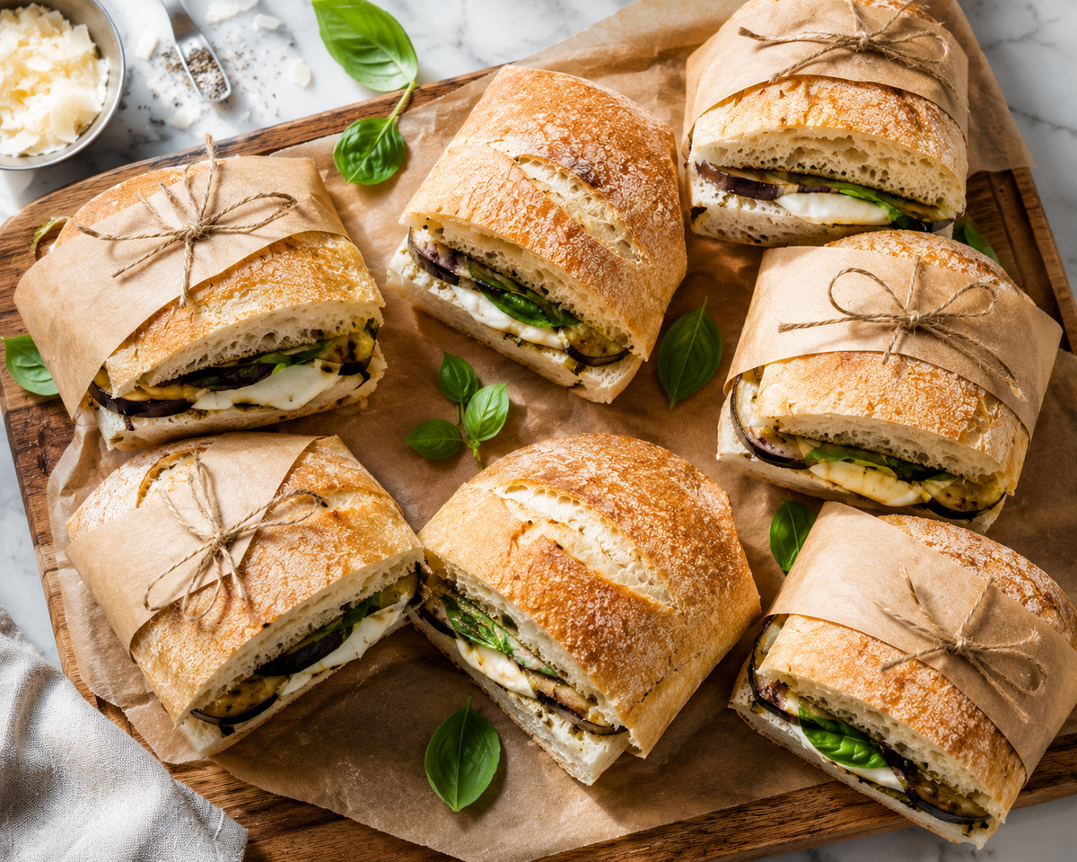 Mini cafe sandwiches made from halved ciabatta loaves, styled for grab-and-go service in Singapore.