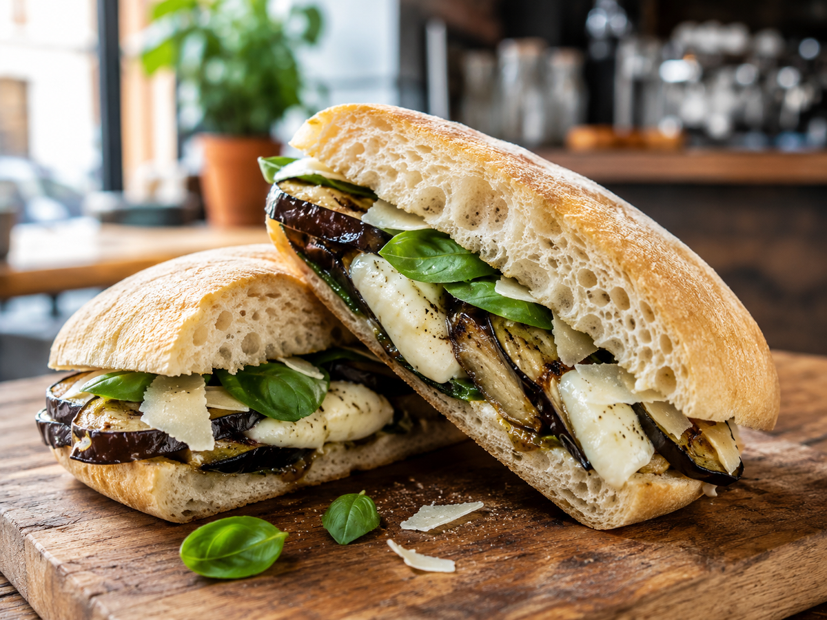Ciabatta sandwich cut in half diagonally, revealing eggplant slices, melted mozzarella, basil leaves and parmesan shaving.