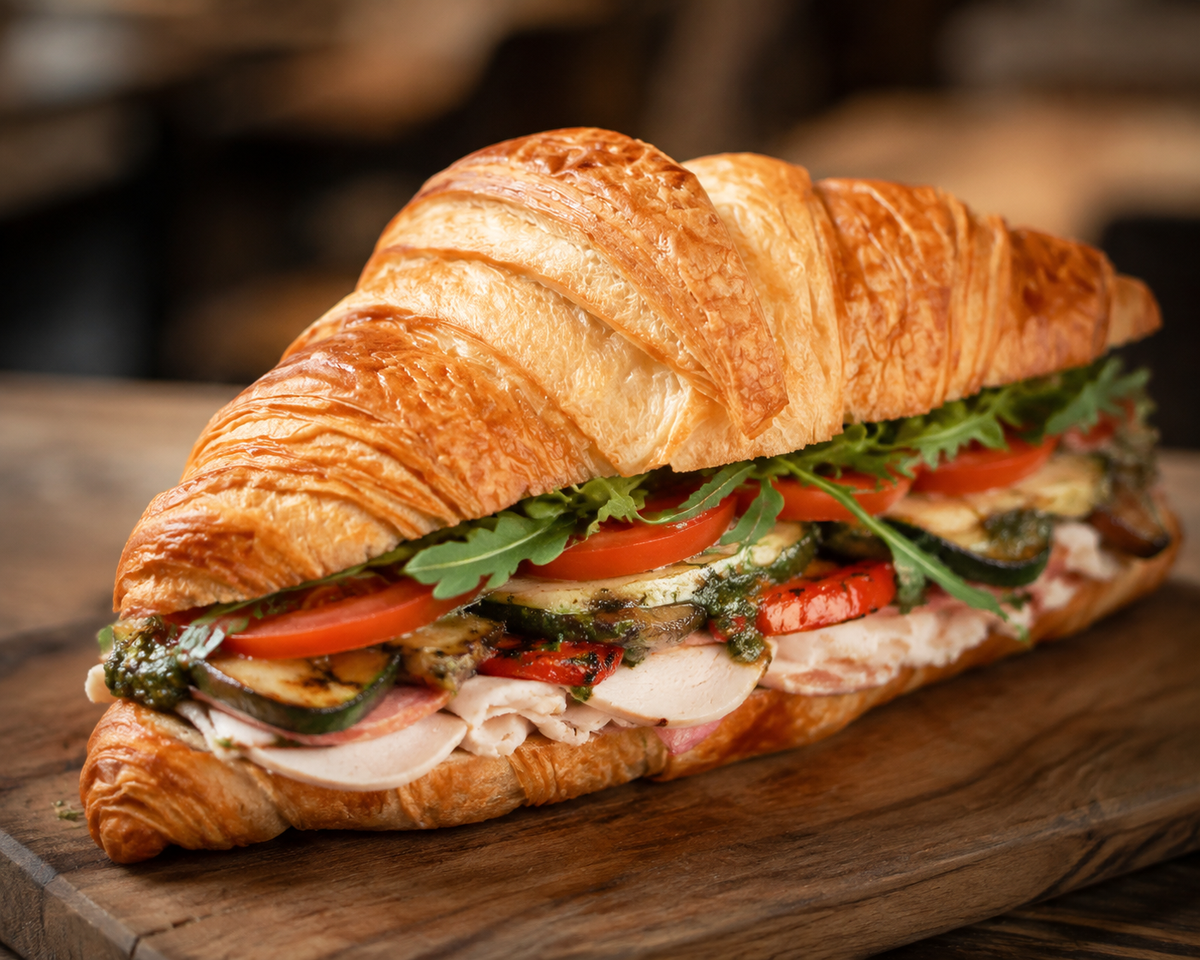 Turkey and vegetable croissant sandwich made from stale croissant stock