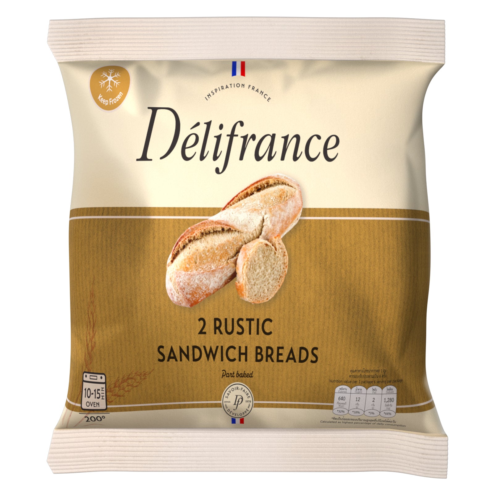 Délifrance 2 Rustic Sandwich Breads 260g frozen part-baked artisan sandwich bread packaging.