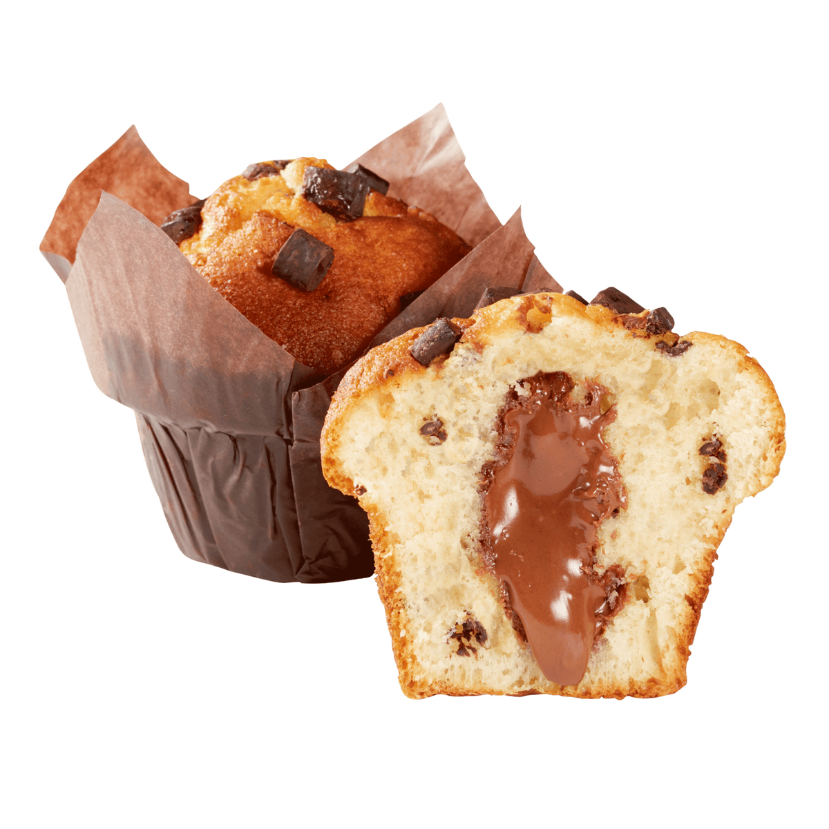 Délifrance Chocolate Hazelnut Muffin 120g with chocolate filling centre and dark chocolate topping, ready-to-use frozen muffin