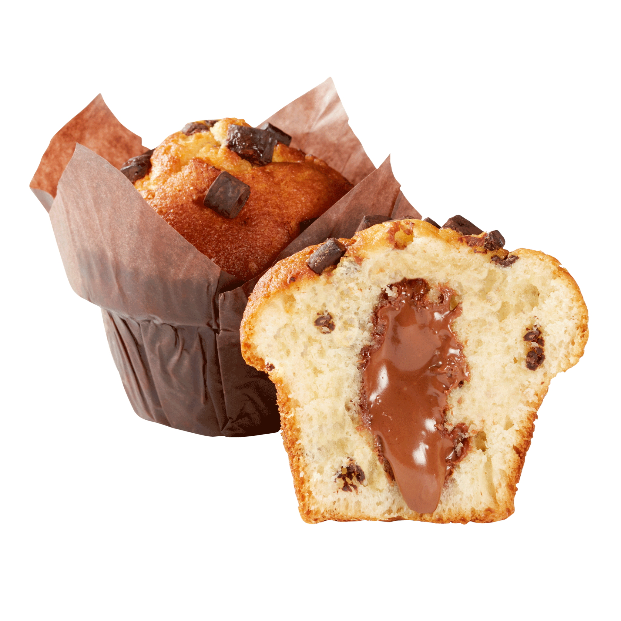 Délifrance Chocolate Hazelnut Muffin 120g with chocolate filling centre and dark chocolate topping, ready-to-use frozen muffin