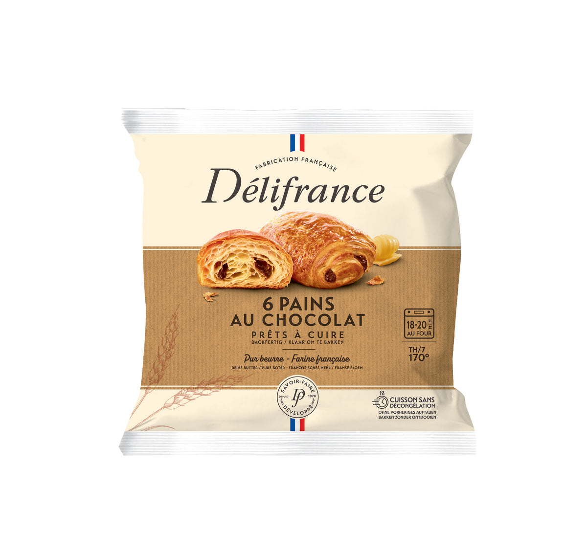 A front view of a Délifrance package containing 5 Pains au Chocolat