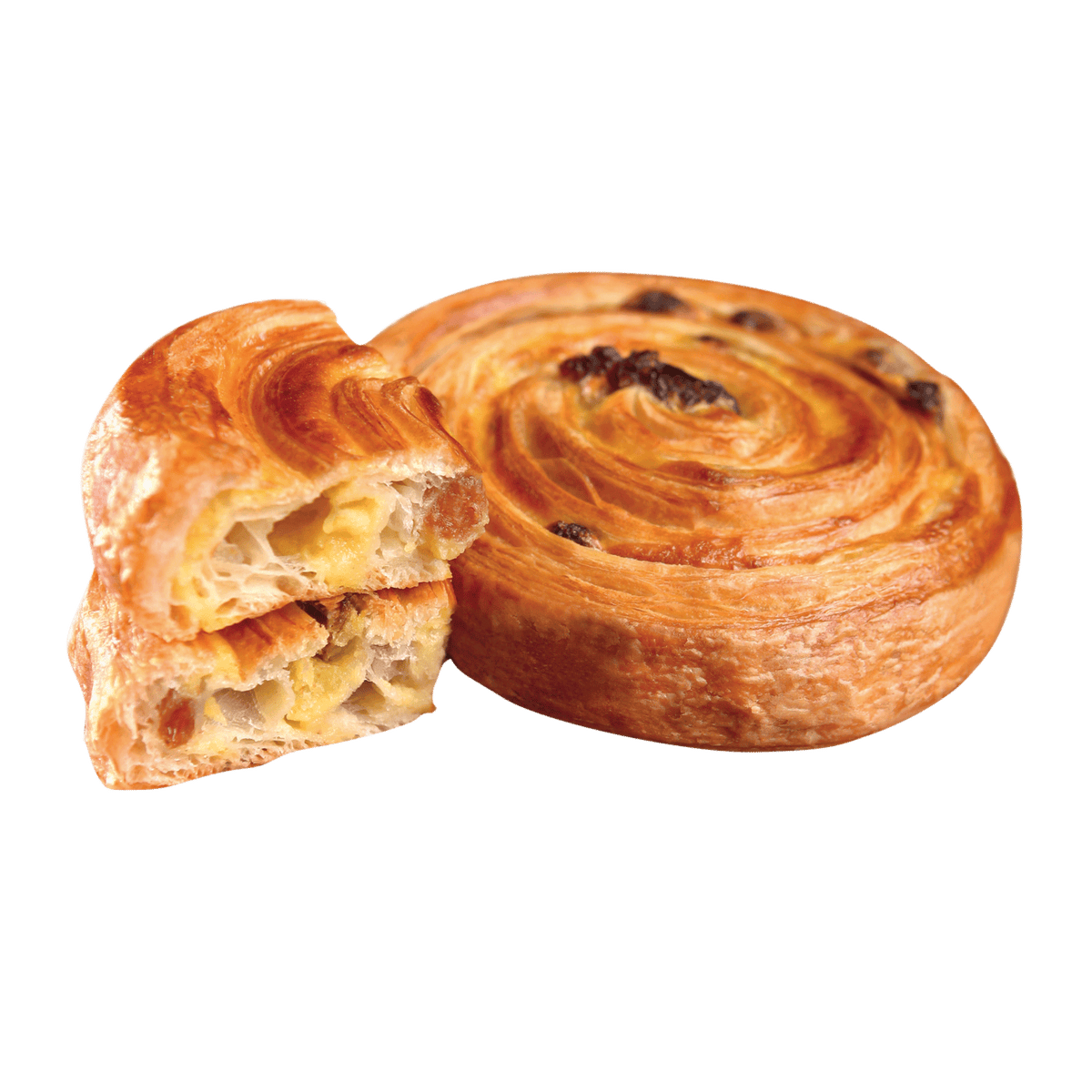Délifrance Heritage Sultana Croissant whole and cut, showing raisins and airy laminated crumb