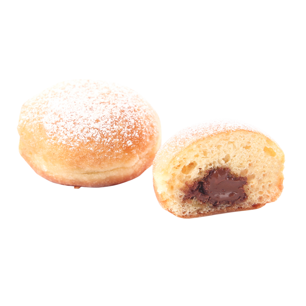 Délifrance Mini Donut Chocolate Filling — soft mini doughnut with rich chocolate-hazelnut centre, dusted with sugar.