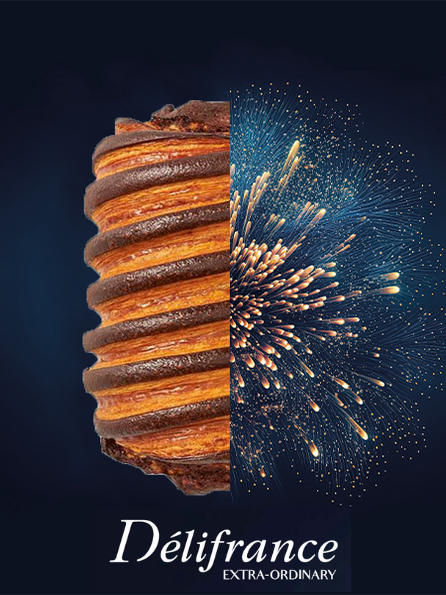 Layered pastry shown in a split visual for Delifrance Singapore Wholesale