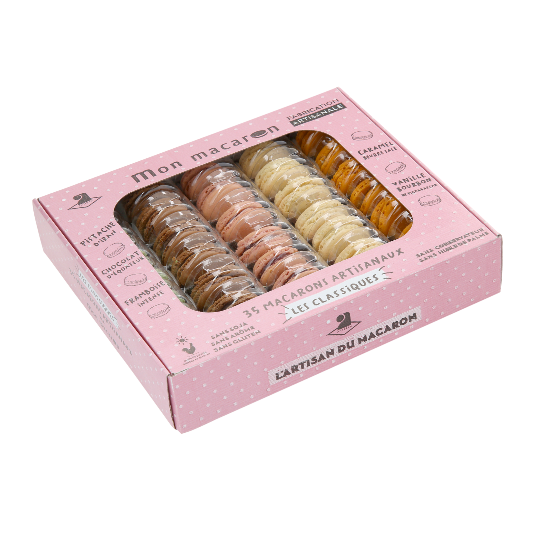 Delifrance Singapore Wholesale mini macarons Sweet Classiques box with 35 assorted French macarons in 5 flavours, pink retail packaging