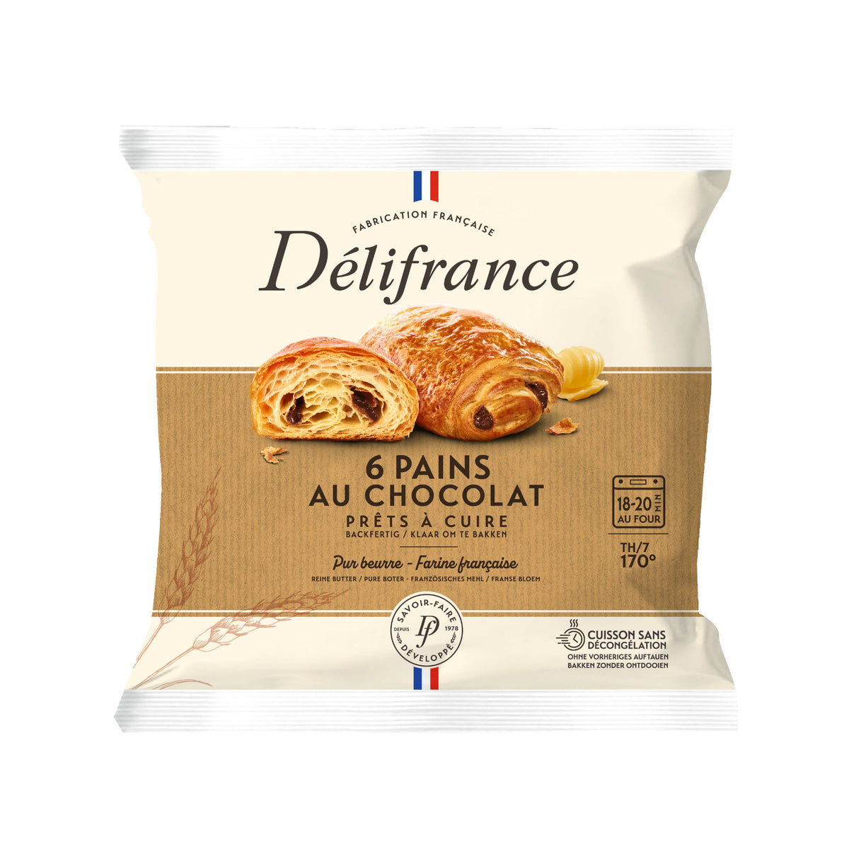 A front view of a Délifrance package containing 6 Pains au Chocolat