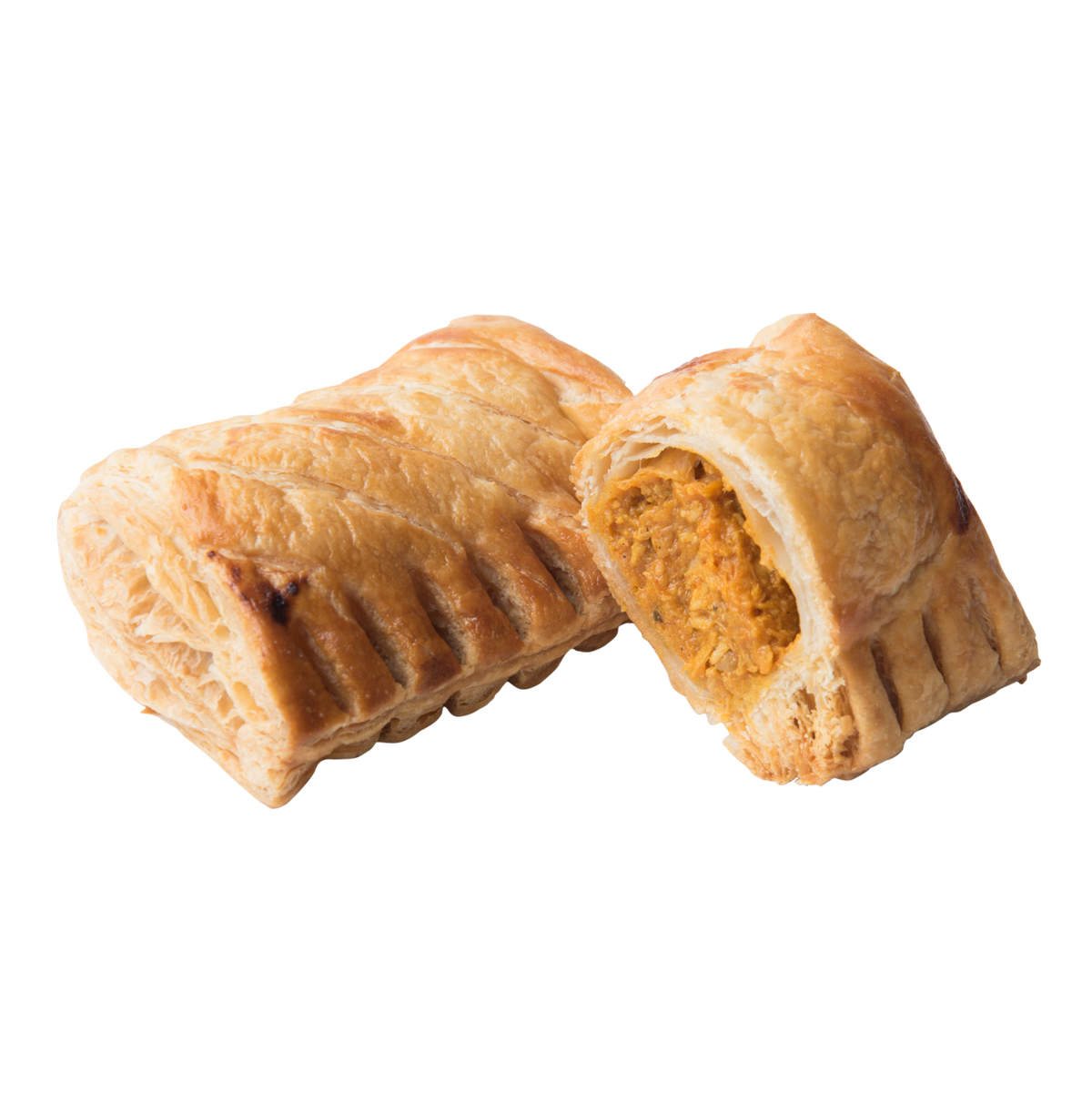 A close-up of Délifrance Chicken Curry Puffs, showing the golden-brown, flaky pastry and the flavorful chicken curry filling. Halal certified, made in Singapore