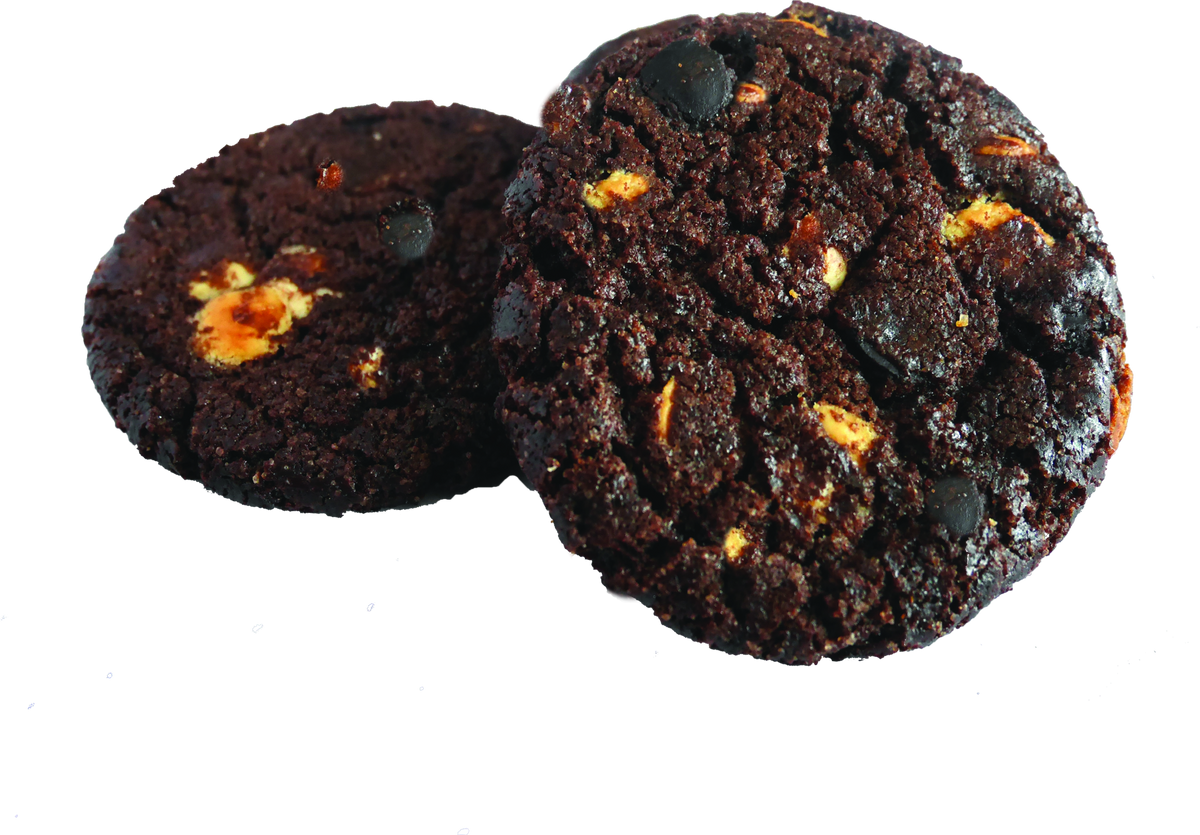 Two baked Délifrance Double Chocolate Chip Cookies, showcasing their rich chocolate dough, dark and white chocolate chips, and slightly chewy texture