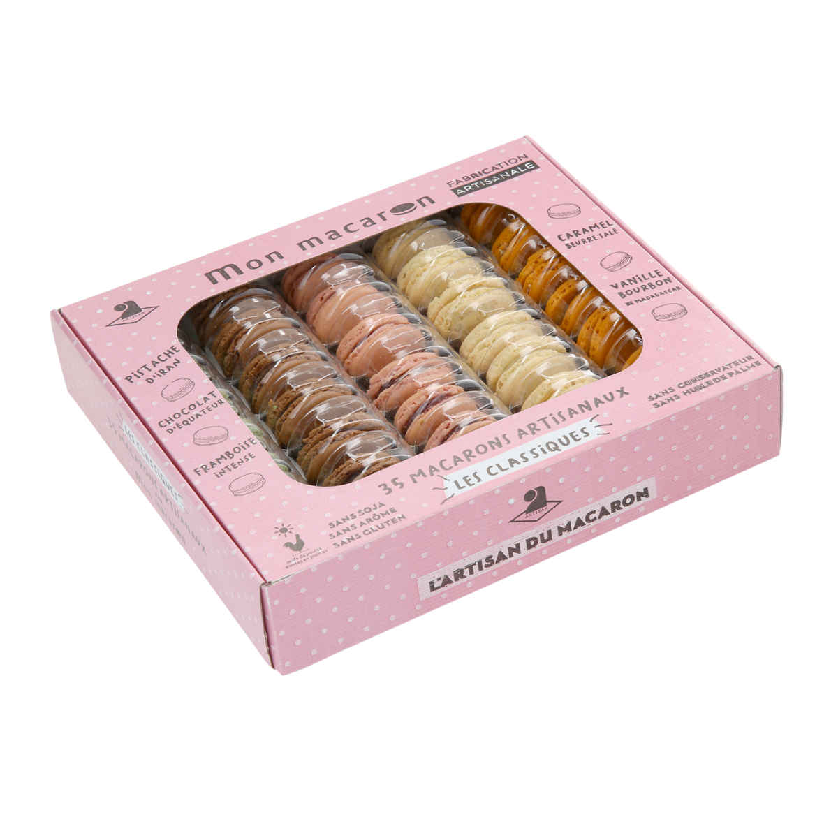 1. A box of Délifrance Mini Macarons, featuring 5 flavours: Chocolate, Pistachio, Raspberry, Vanilla, and Salted Butter Caramel. Gluten-free and Halal