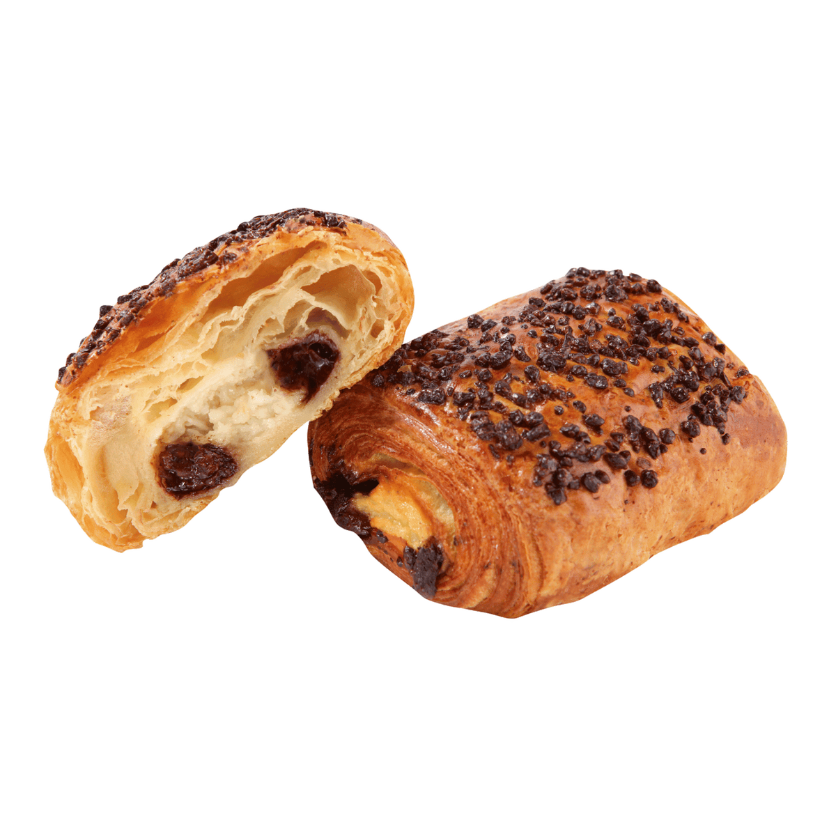 A close-up image of two Délifrance Triple Chocolate Rolls, showcasing the flaky layers and the rich, chocolatey filling