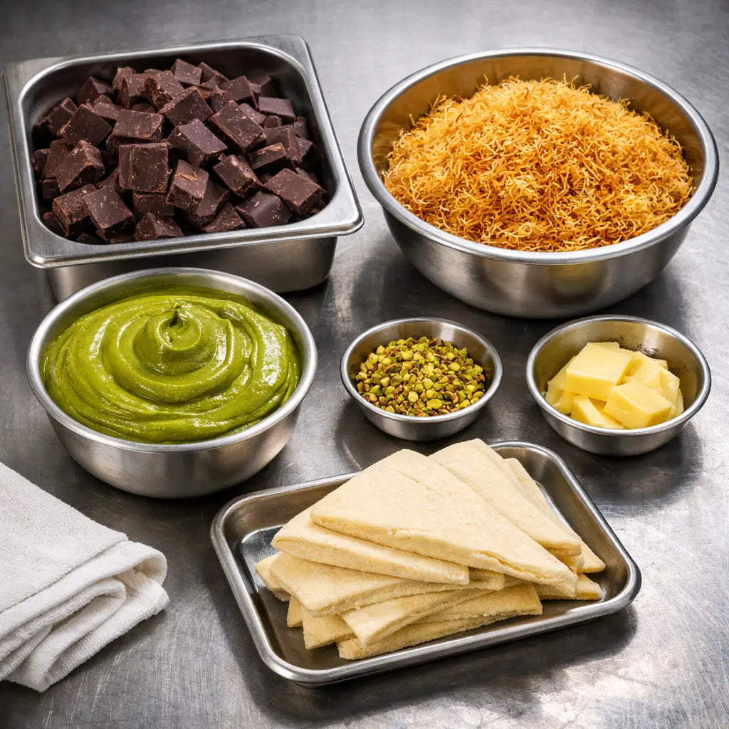 Dubai croissant ingredients including dark chocolate, pistachio spread, and roasted kadaif prepared for kitchen service