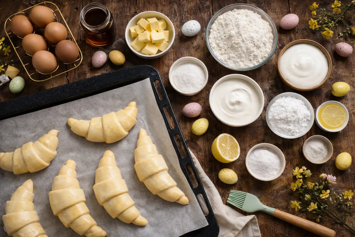 Ingredients prepared for an Easter recipe including croissants, flour, eggs, cream, and mini eggs