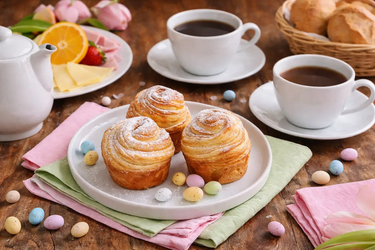 Served cruffin pastries on an Easter table with coffee and pastel styling