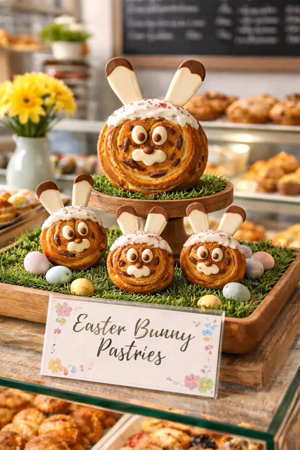 Seasonal bakery display featuring easter roll pastries arranged for Easter promotion