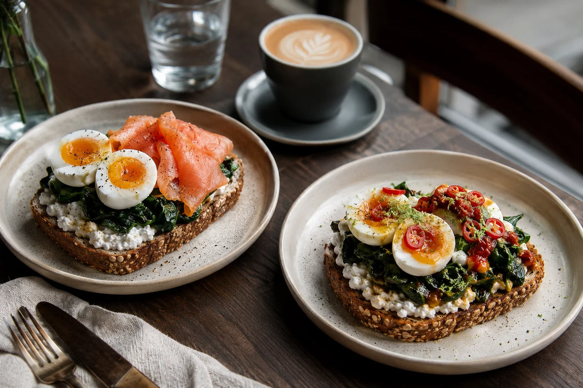 Two high protein breakfast meal variations plated side by side for Singapore menu development: smoked salmon build and sambal spinach build on multigrain toast.