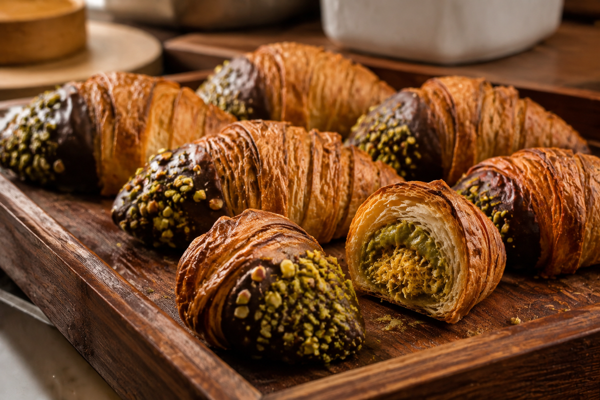 A chocolate and pistachio Dubai croissant showing an indulgent pastry flavour trend for back-to-school menus.