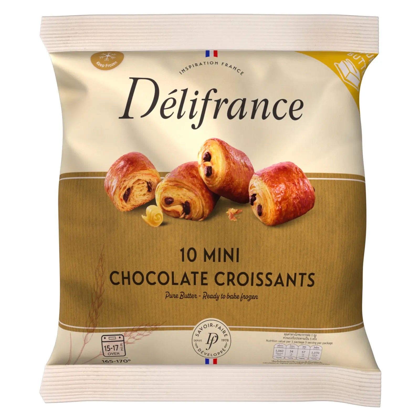 Ready to bake mini chocolate croissants by Délifrance pack of 10 with flaky buttery layers and rich chocolate filling