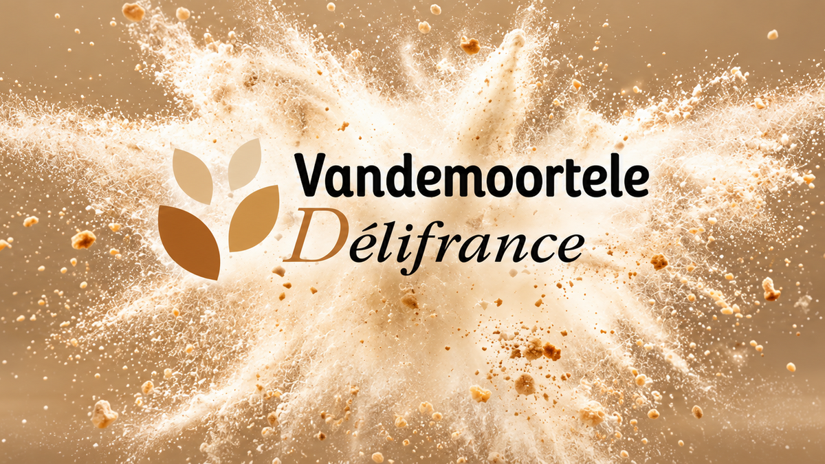 Vandemoortele Délifrance logo over a burst of flour and golden crumbs on a warm beige background