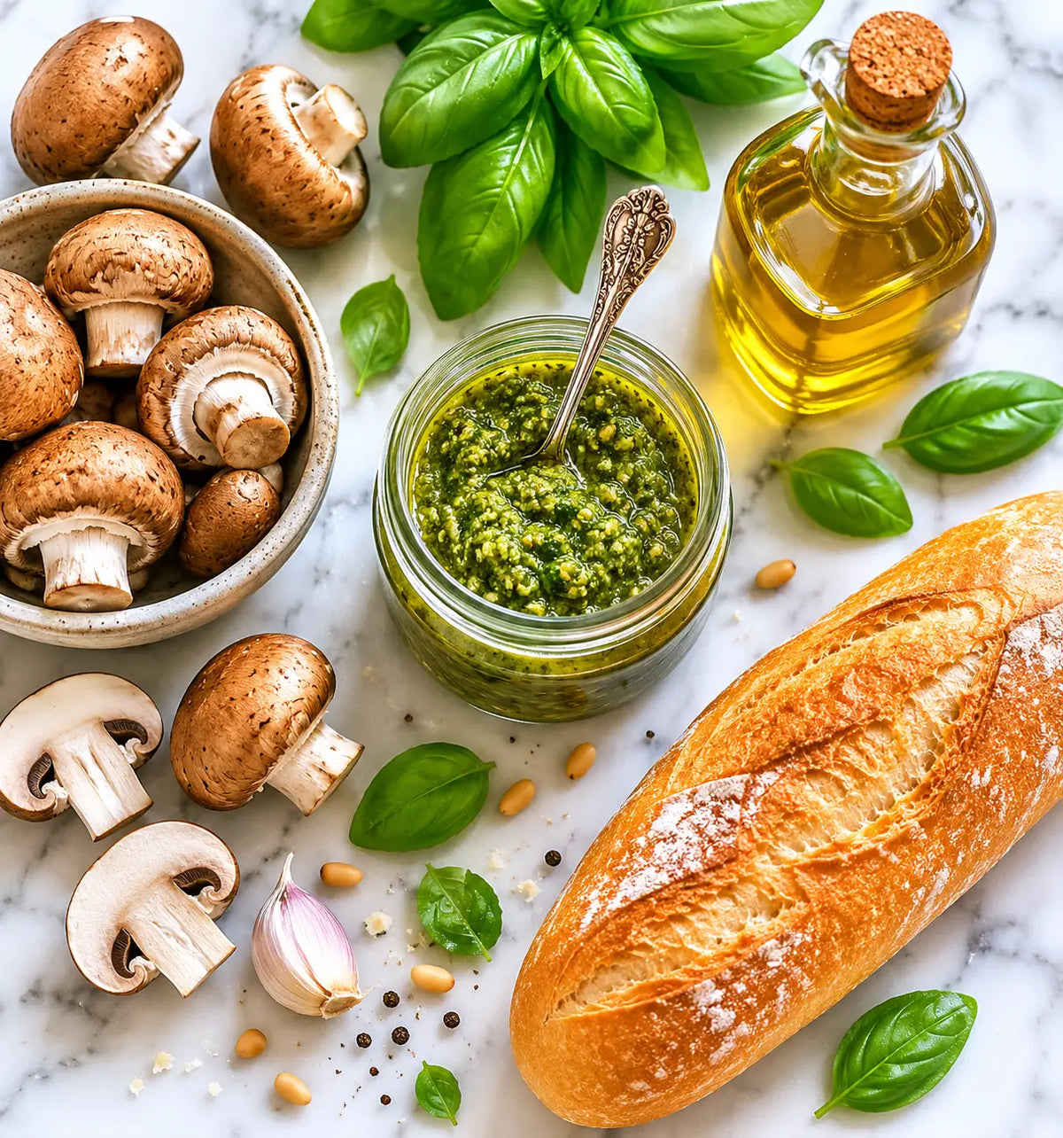 Flat lay of vegan sandwich ingredients including fresh mushrooms, vegan pesto, basil leaves, olive oil, and a Délifrance Baguette Sandwich on a white marble surface.