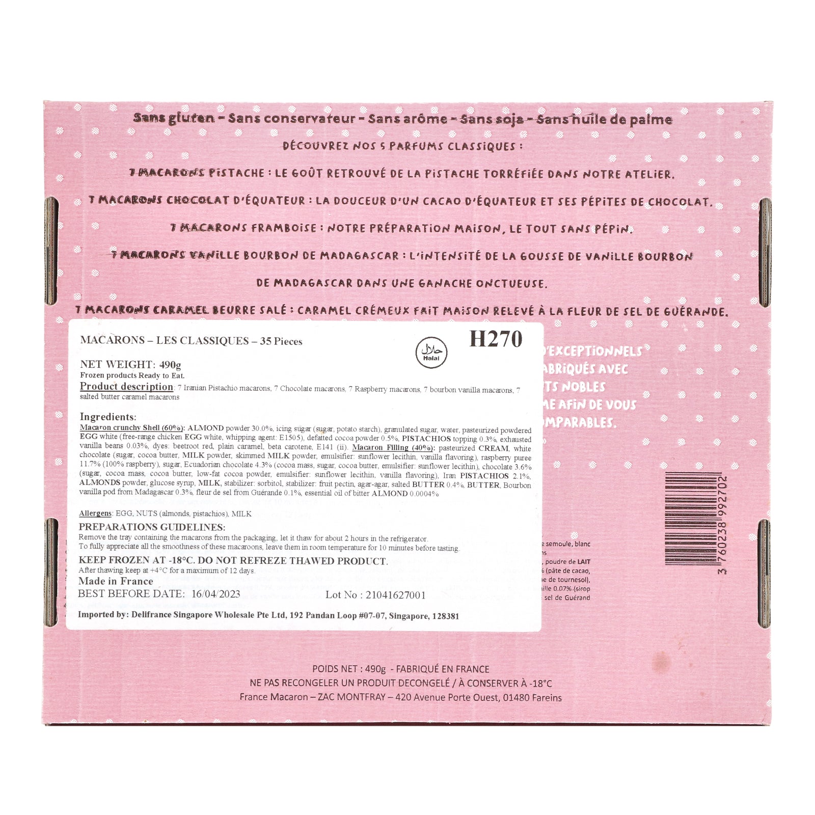 Delifrance Singapore Wholesale Les Classiques mini macarons 35 pieces back of box showing ingredients, nutrition label, halal logo and storage instructions