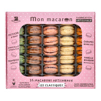 Delifrance Singapore Wholesale Les Classiques mini macarons box with 35 assorted French macarons in 5 flavours, front view pink packaging