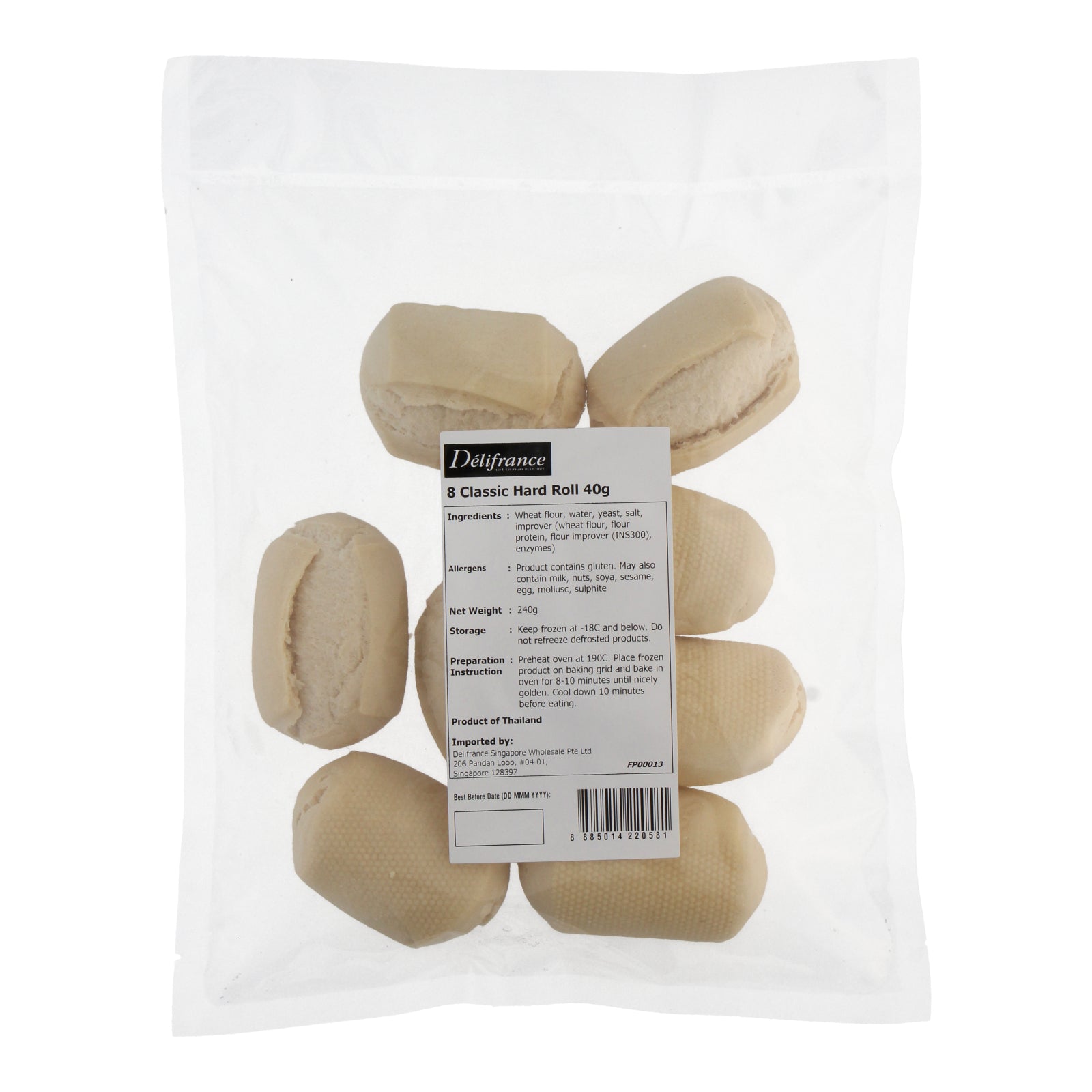 A front view of a package containing 8 Délifrance Classic Hard Rolls, ready to be baked at home