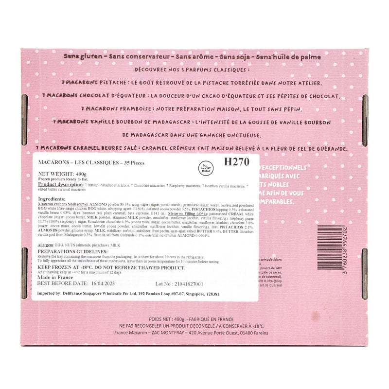 A detailed view of the Délifrance Mini Macarons box, showing ingredients, allergen information, and preparation guidelines in both English and French. Gluten-free and Halal