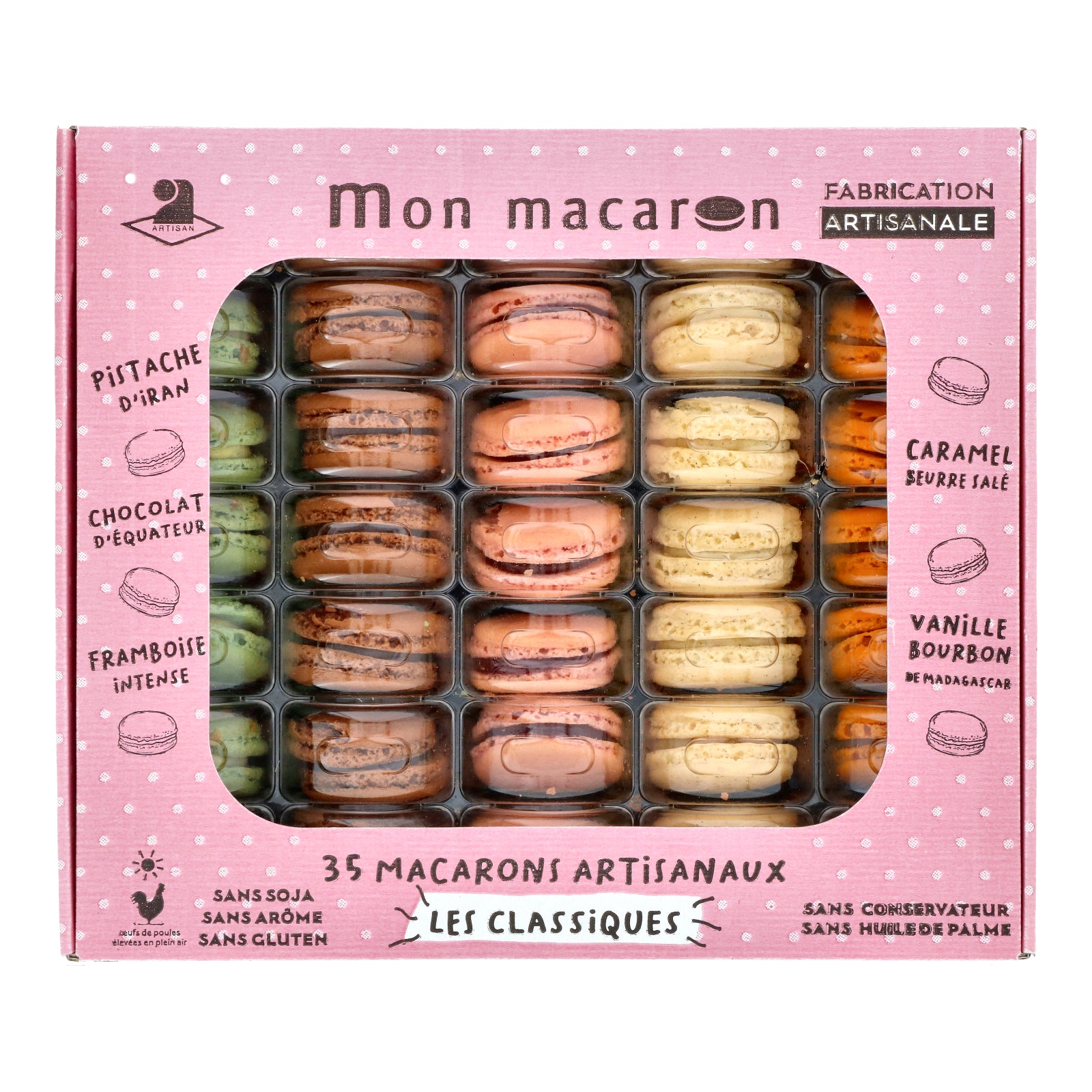 A close-up view of the Délifrance Mini Macarons, showcasing the individual macarons and their five flavours